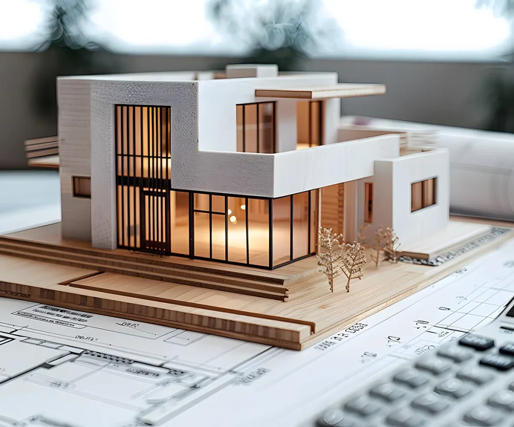 Miniaturmodell des Hauses und Taschenrechner über den Bauplänen