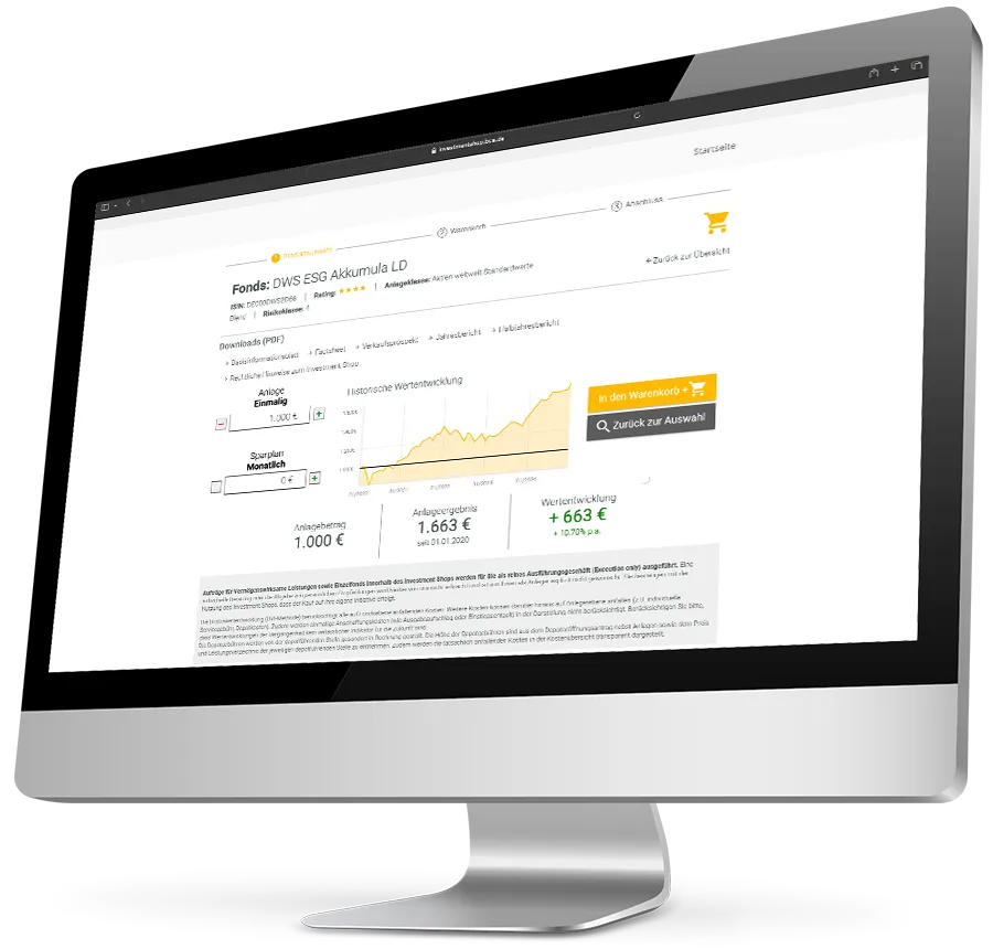 End2End-Abschlussstrecke Ansicht eines Monitors, der die Übersicht der Werteentwicklung im Investmentshop zeigt