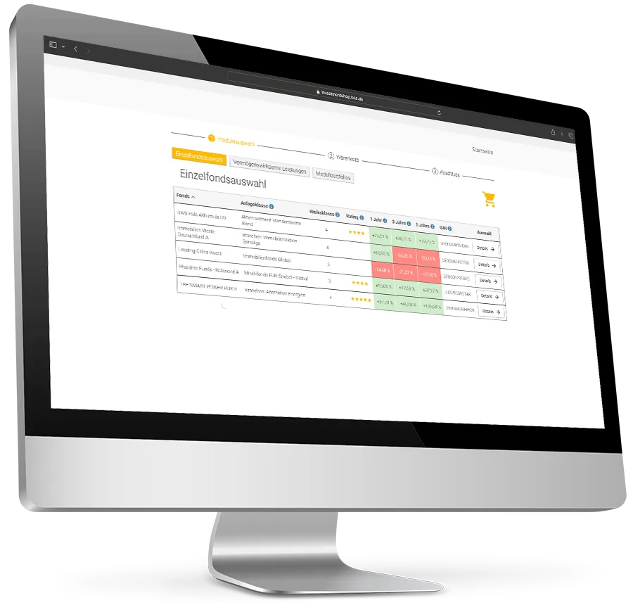 Investmentoptionen Ansicht eines Monitors, der die Übersicht der Einzelfondsauswahl im Investmentshop zeigt