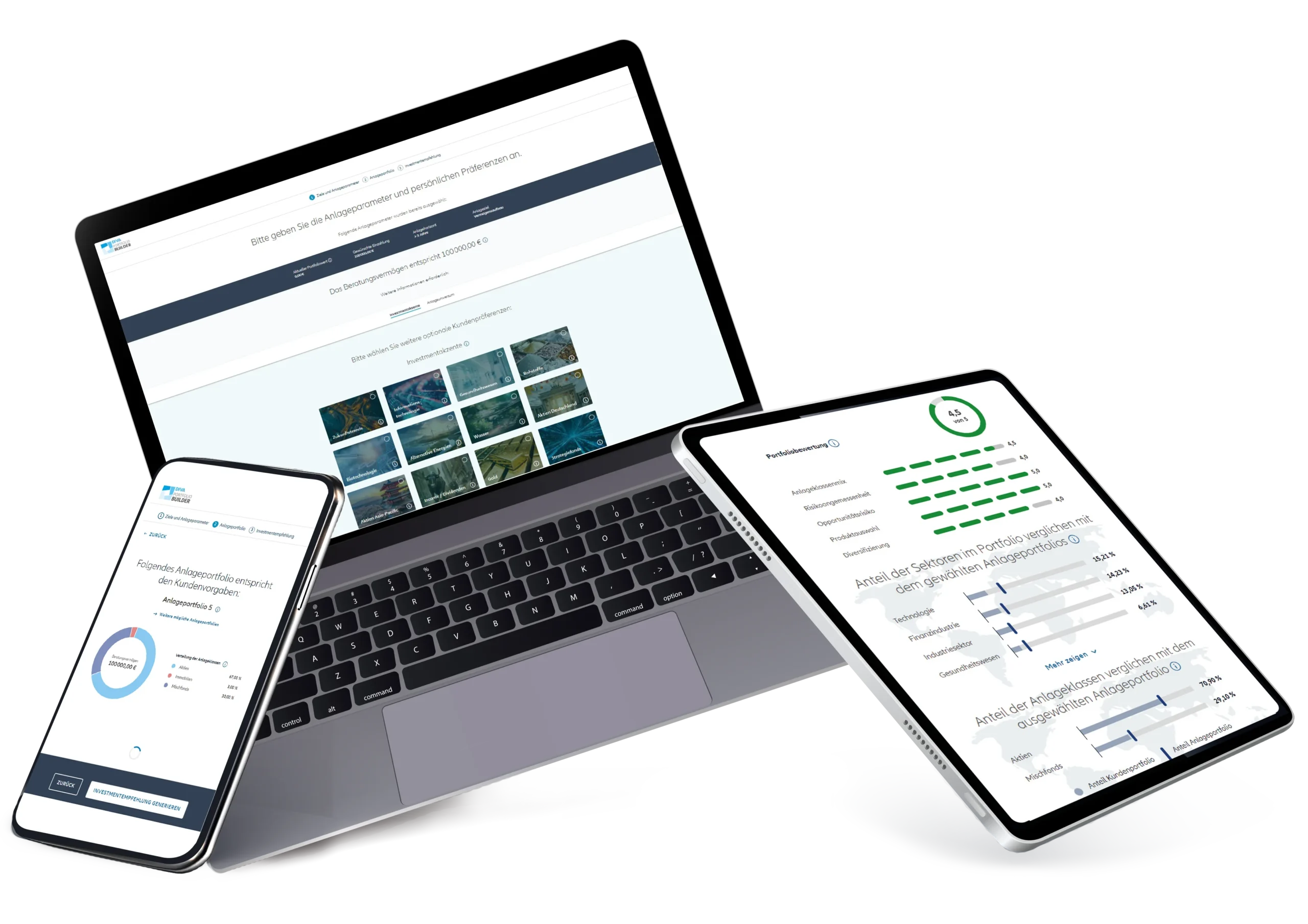 Mock-up-PortfolioBuilder Mock-up von Laptop, Tablet und Handy, die verschiedene Screens vom PortfolioBuilder zeigen