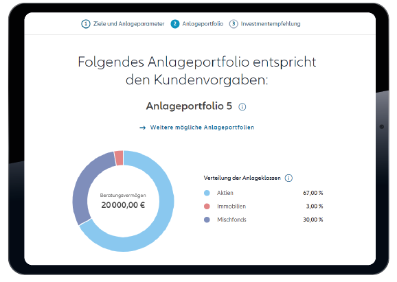 Anlageportfolio Screenansicht eines Tablets zur Zusammensetzung des Anlageportfolios