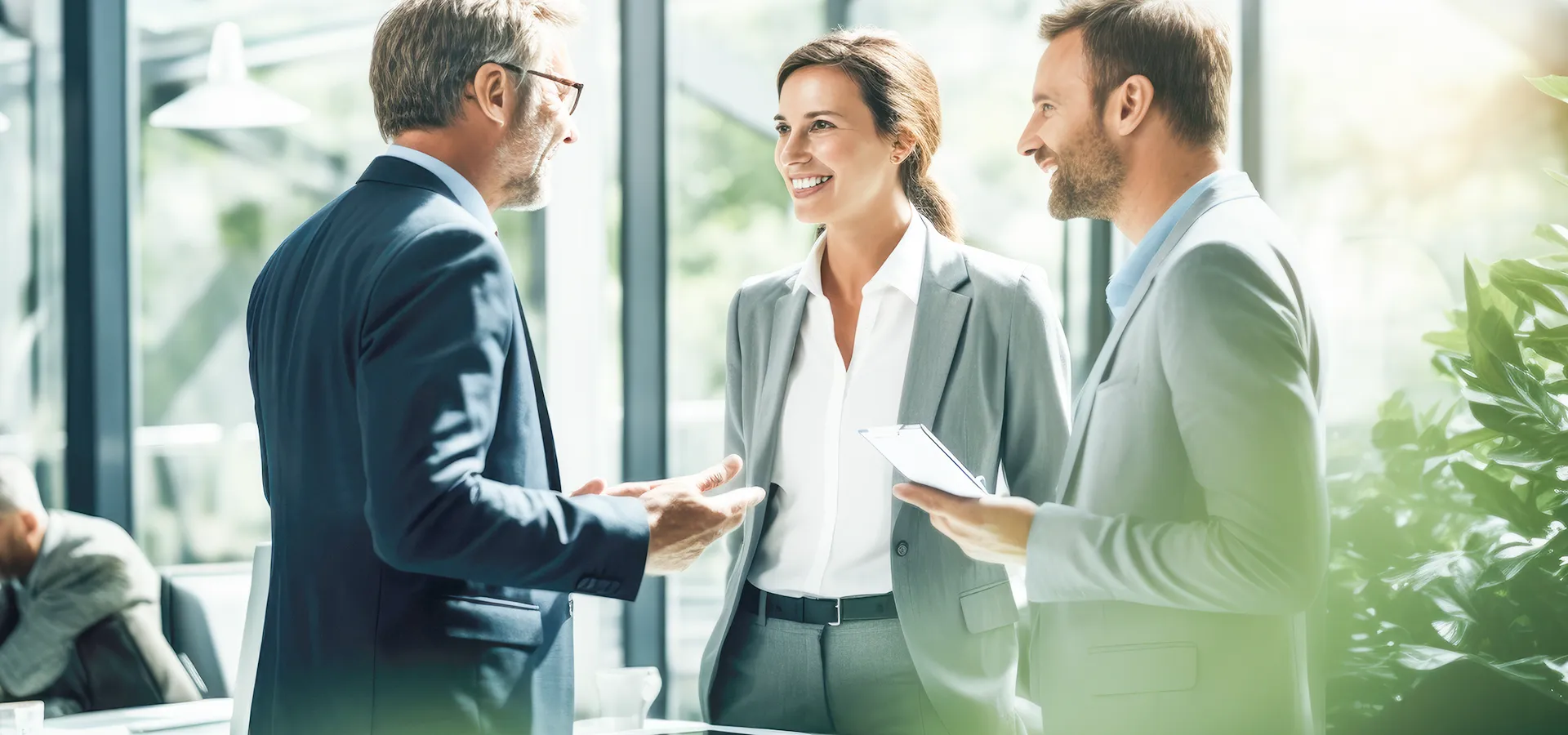 Lächelnde Mitarbeitende, die in Büroräumen über Geschäfte sprechen