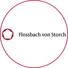 Das Logo von Flossbach von Storch. Ein roter Kreis mit einem sechseckigen Symbol und dem Namen der Firma.