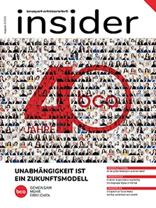 Insider Magazin Cover mit 40 Jahre Jubiläum Ein großes rotes 40 auf einer Collage von Menschen