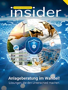 Insider - Anlageberatung im Wandel Ein Logo mit einem Schild und einem Schloss, umgeben von Bildern zu erneuerbaren Energien, Büroarbeit und modernen Gebäuden.