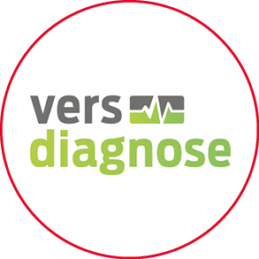 Ein Logo mit rotem Kreis, Text 'vers diagnose' und Herzfrequenzsymbol