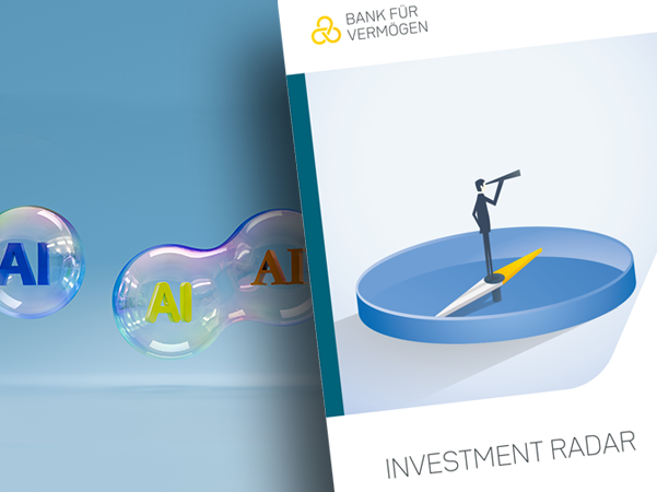 Ein Mann steht auf einem Radar, der die Zukunft der Finanzen zeigt. Künstliche Intelligenz.