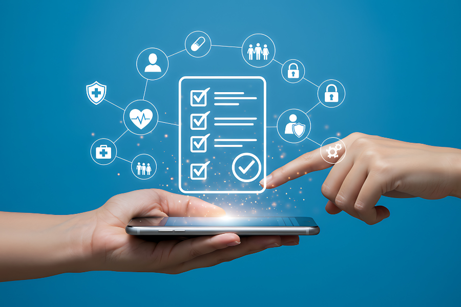 Eine Hand tippt auf einem Tablet. Im Hintergrund sind Icons sichtbar.