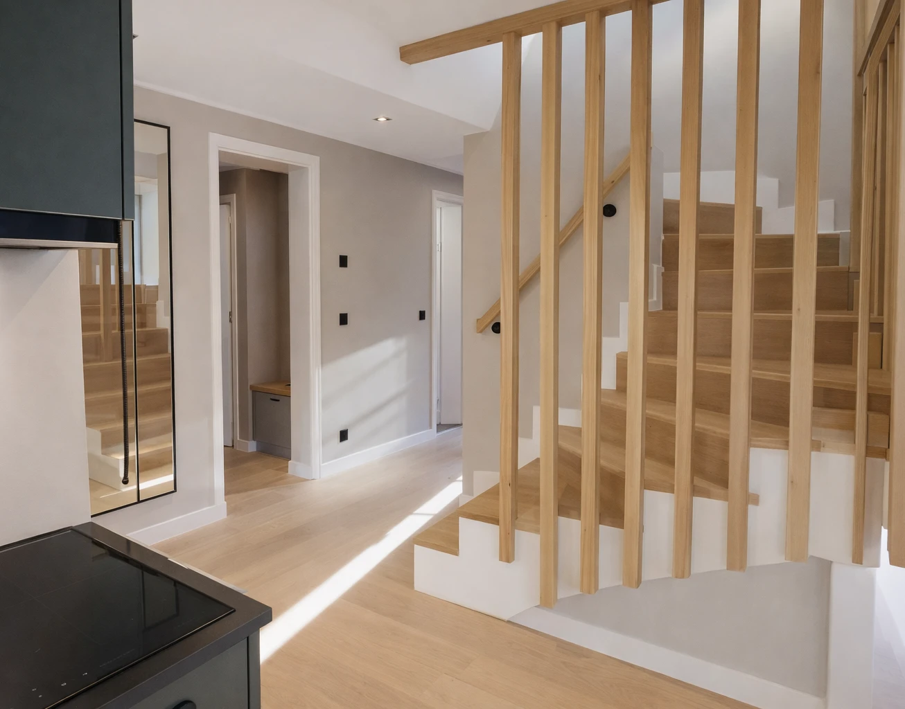 Eine moderne Treppe mit einem Holzgeländer in einem hellen Raum. Die Treppe führt nach oben.