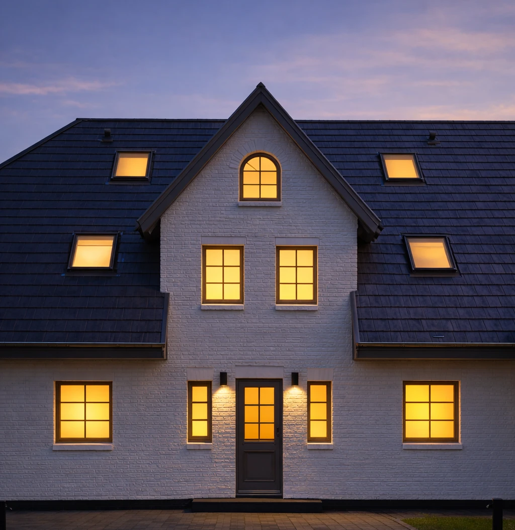 Ein großes, hell erleuchtetes Haus mit mehreren Fenstern und einem schwarzen Dach.