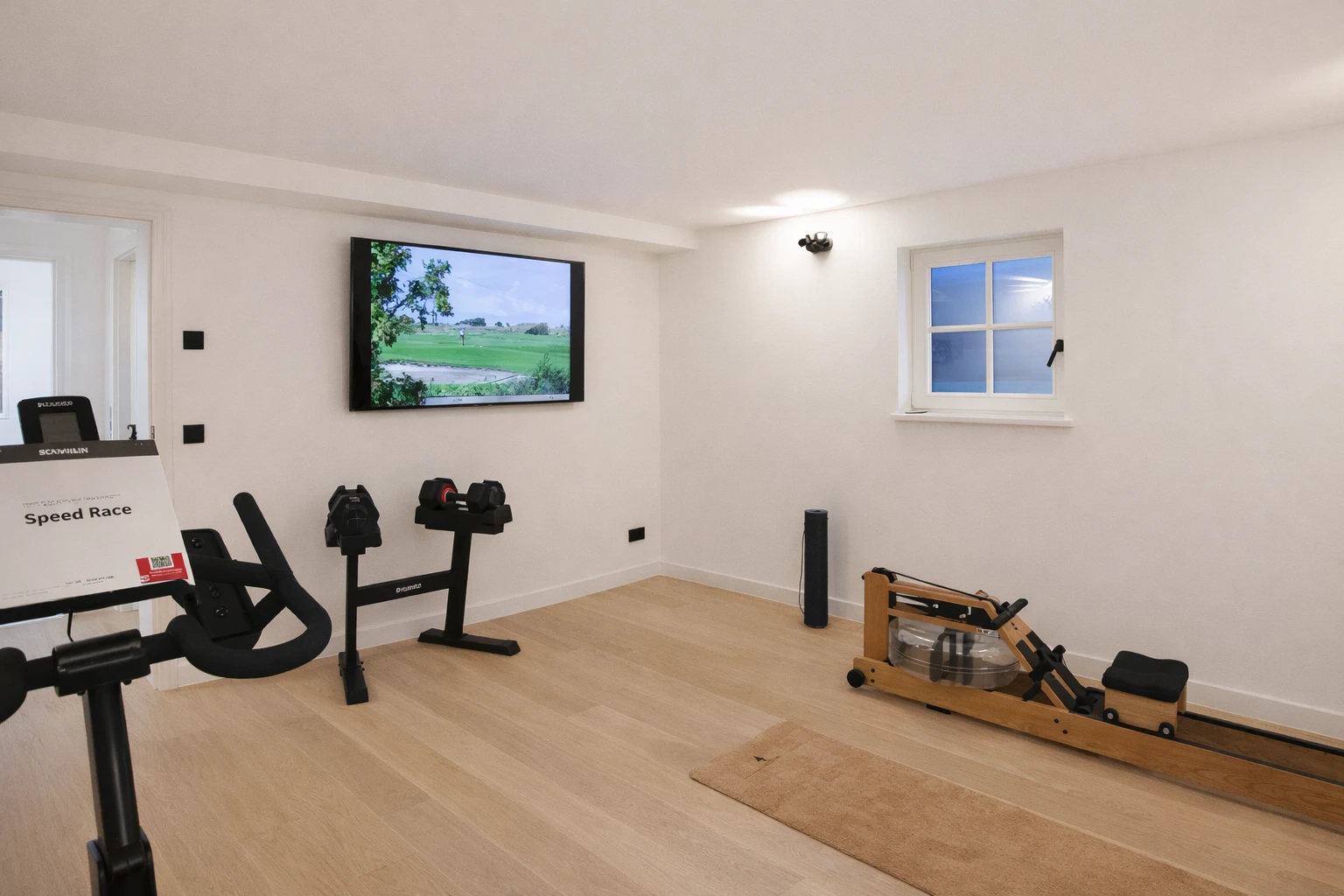 Ein Fitnessraum mit verschiedenen Trainingsgeräten wie Fahrrädern und einem Rudergerät. Ein großer Bildschirm zeigt ein Golfspiel.