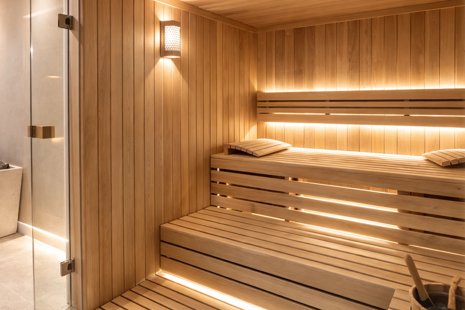 Innenraum einer Sauna mit Holzbank und Beleuchtung. Entspannung und Wohlbefinden.