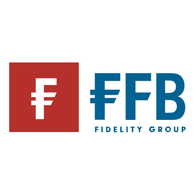 Fidelity Group Unternehmenslogo, rotes Quadrat mit weißem F und blauem Text