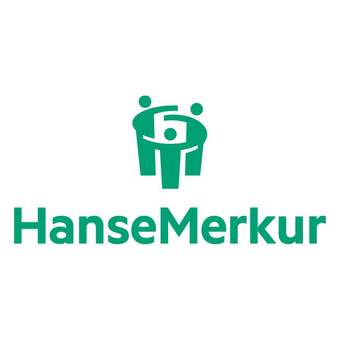 HanseMerkur Logo, zwei Personen und ein Schild