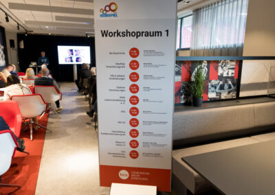 Ein Banner mit der Aufschrift Workshoppraum 1 und mehreren roten Kreisen