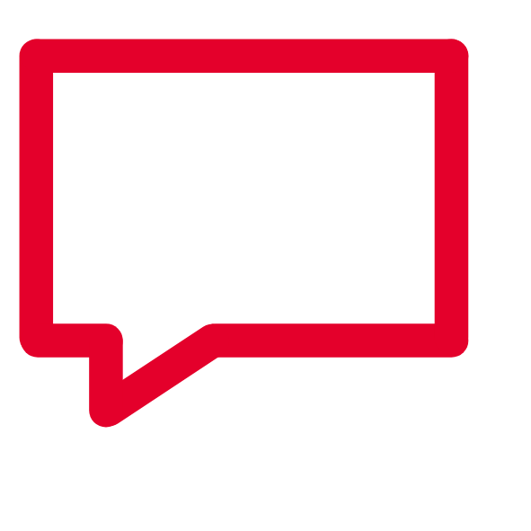 Ein rotes Sprechblasen-Symbol auf weißem Hintergrund. Es wird oft für Kommentare oder Nachrichten verwendet.