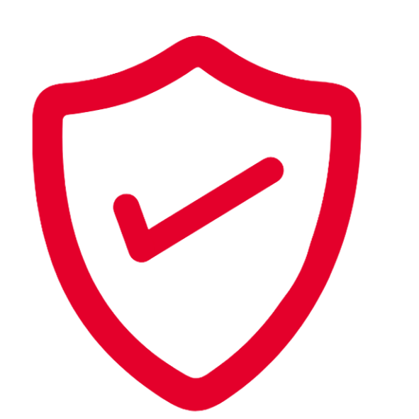 Ein rotes Schild mit einem Haken als Sicherheitssymbol. Es repräsentiert Schutz und Sicherheit.