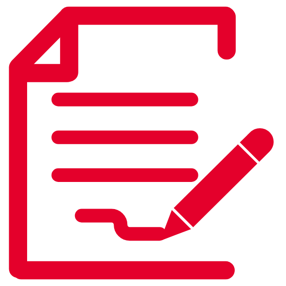 Ein rotes Symbol eines Dokuments mit einem Stift