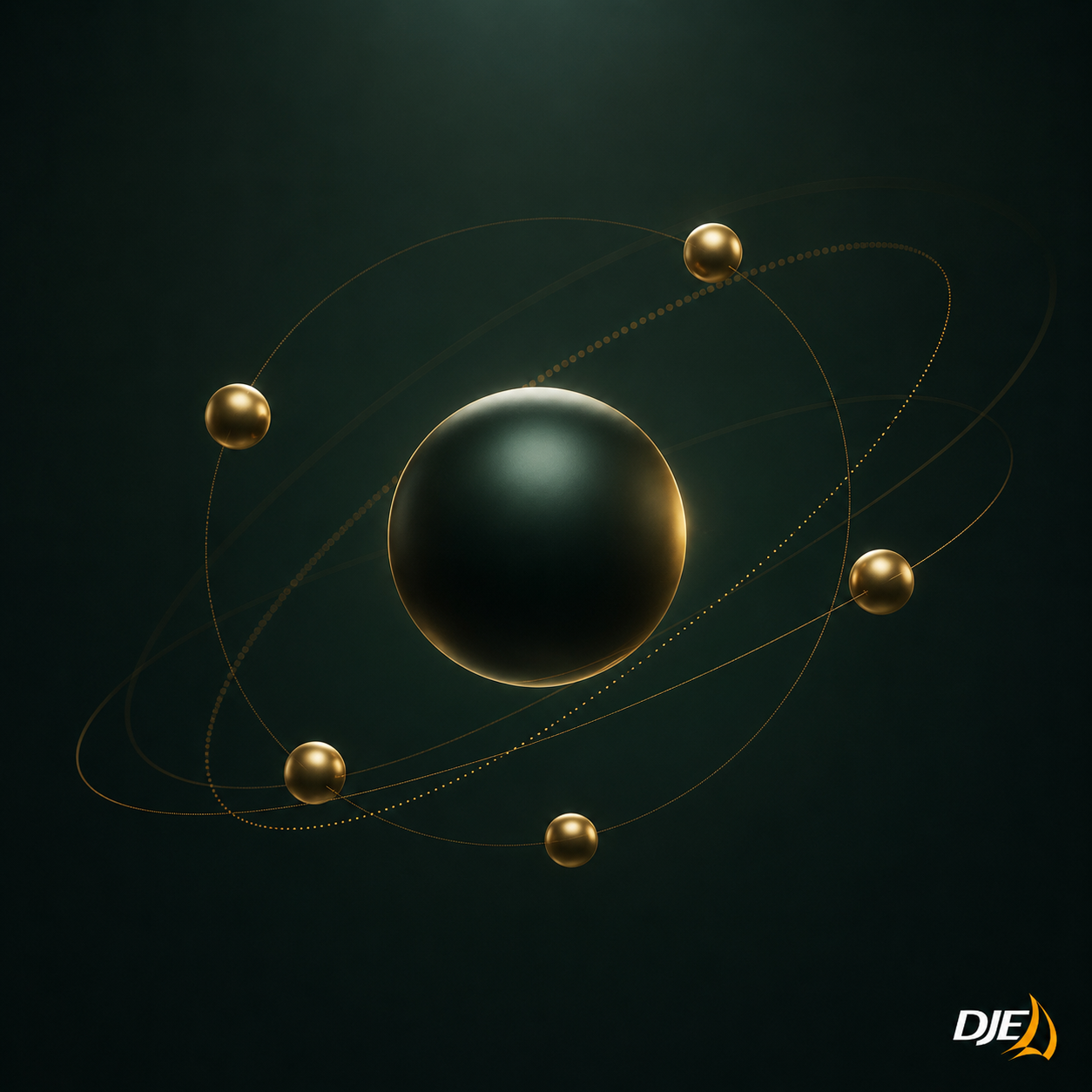 Dieses Bild zeigt ein stilisiertes Modell von Bohrs Atom mit einem dunklen Zentralball und goldenen Elektronenbahnen.
