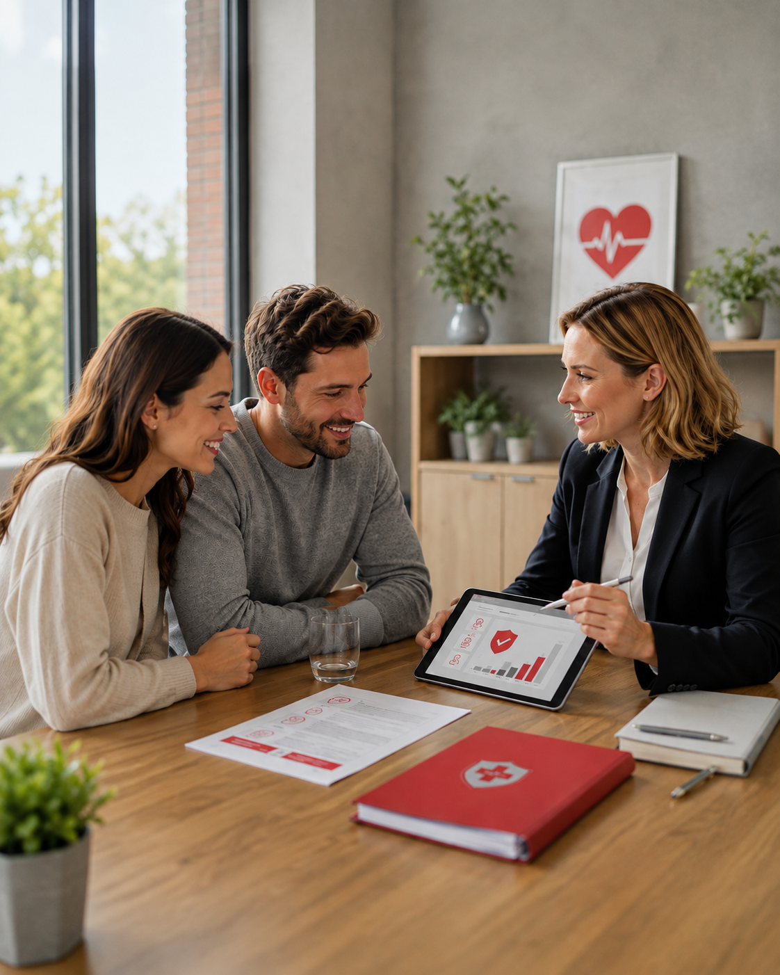 A medical consultant discusses health coverage options with a young couple via tablet. Medical logbooks with red details reinforce the professional setting.