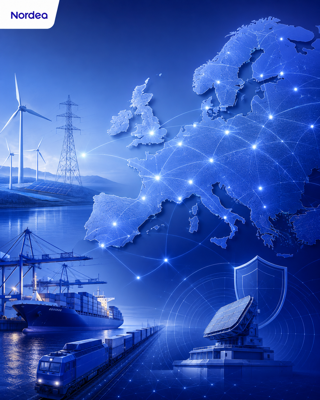 Eine bildliche Darstellung vernetzter europäischer Infrastruktur wie Bahn, Schiff und Windkraft, gesichert durch Digitalisierung. Die Grafik symbolisiert unter dem Nordea-Logo die Absicherung kritischer Versorgungsnetze in Europa.