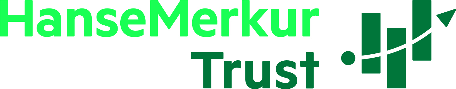 Das Bild zeigt das Logo der HanseMerkur Trust. Es enthält grüne Textelemente sowie geometrische Formen.