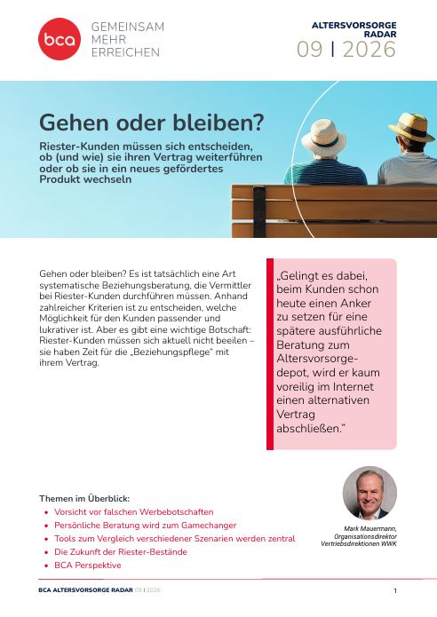 Titelseite des BCA Folders 'Altersvorsorge Radar 09 | 2026' mit dem Thema 'Gehen oder bleiben?' und einem Bild von zwei Personen auf einer Bank.