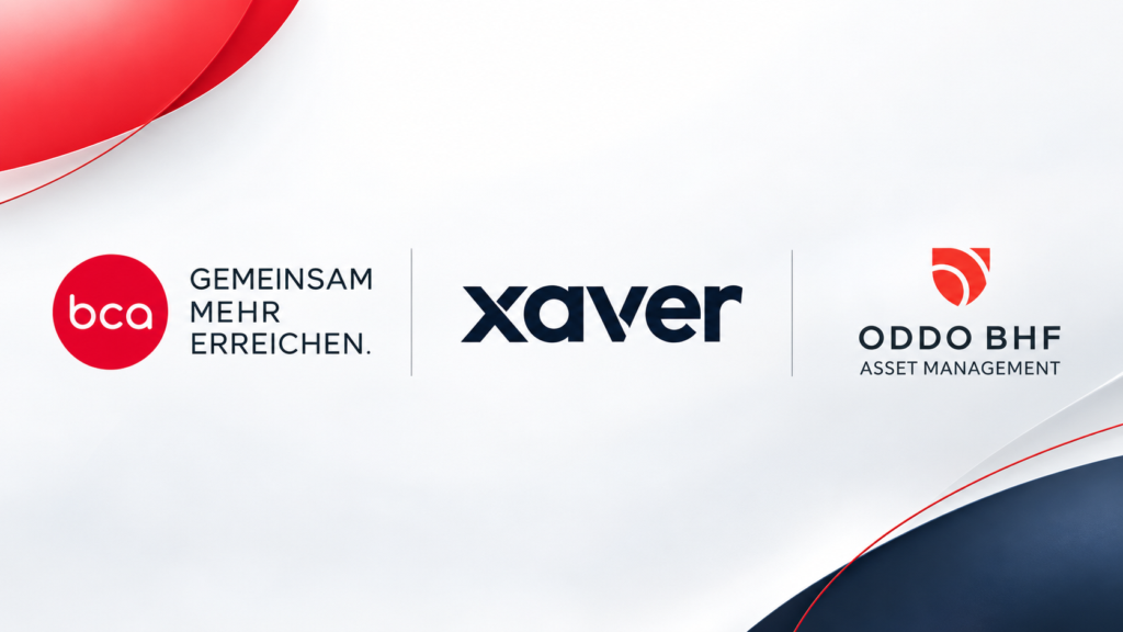 Logos der Unternehmen BCA, Xaver und Oddo BHF Asset Management auf weißem Hintergrund mit roten Designelementen.