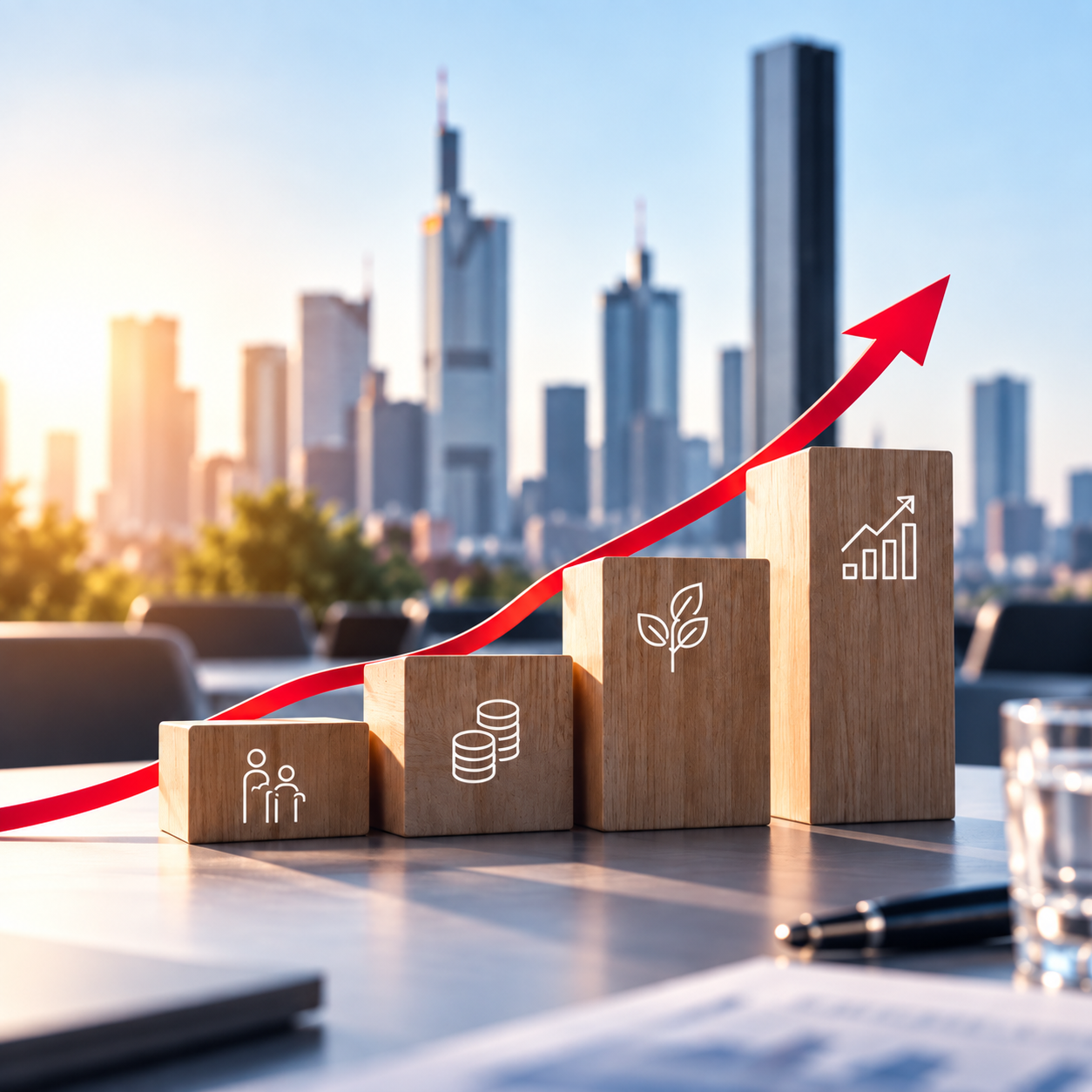 Aufsteigender Chart mit Wachstumsblöcken vor Skyline von Frankfurt am Main.