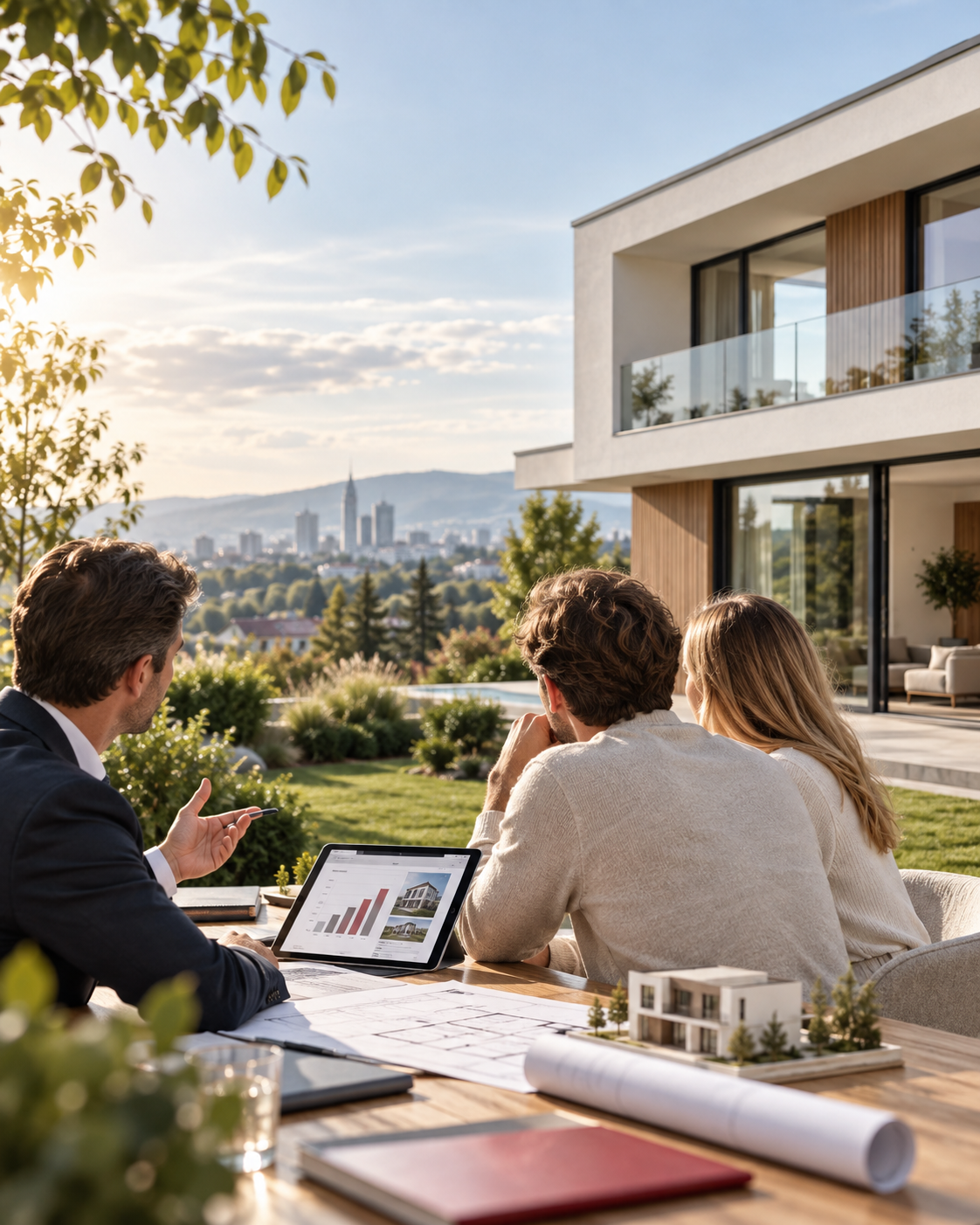 Ein Immobilienberater erklärt einer interested Paar die Details eines modernen Hauses mit Pool und Stadtblick.