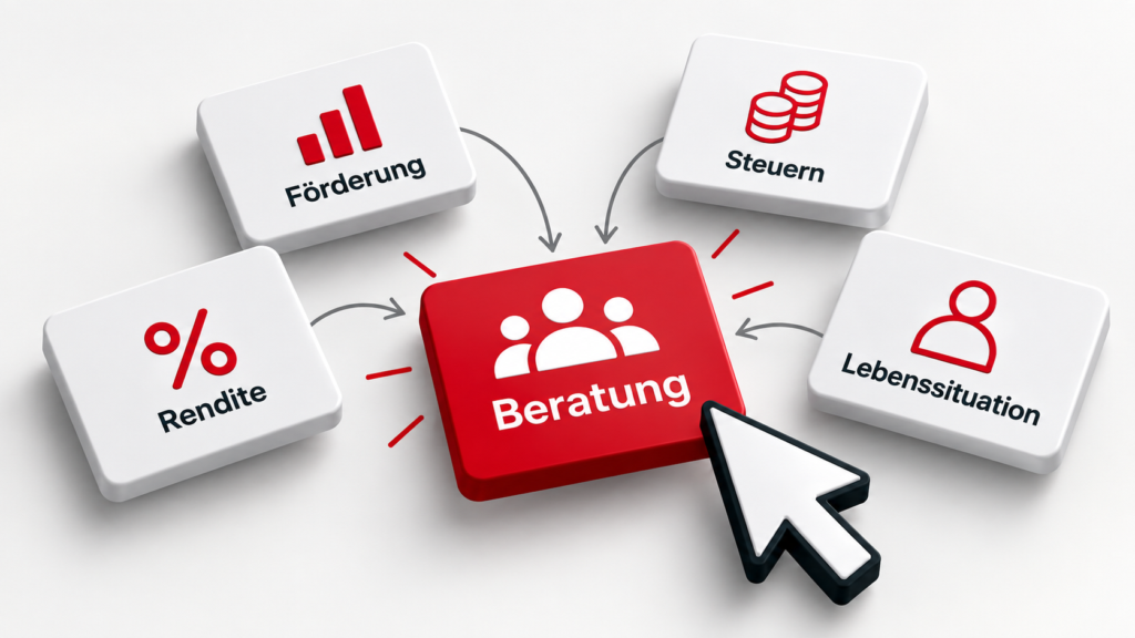 Das Bild zeigt verschiedene Schaltflächen mit Beratungsthemen wie Rendite, Steuern und Lebenssituation. Ein Zeiger deutet auf die rote Schaltfläche mit dem Wort Beratung.