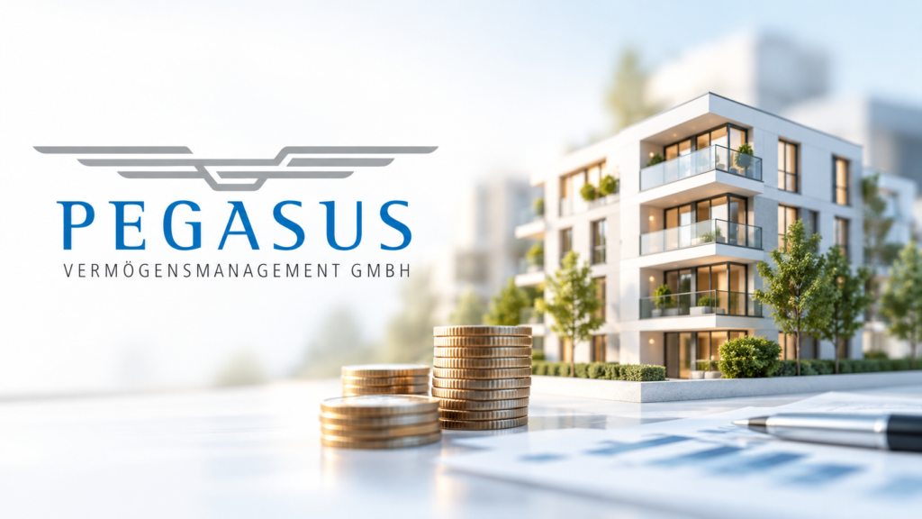 Logo der Pegasus Vermögensmanagement GmbH vor einer modern gestalteten Wohnanlage, begleitet von gestapelten Münzen auf einem Finanzdokument.