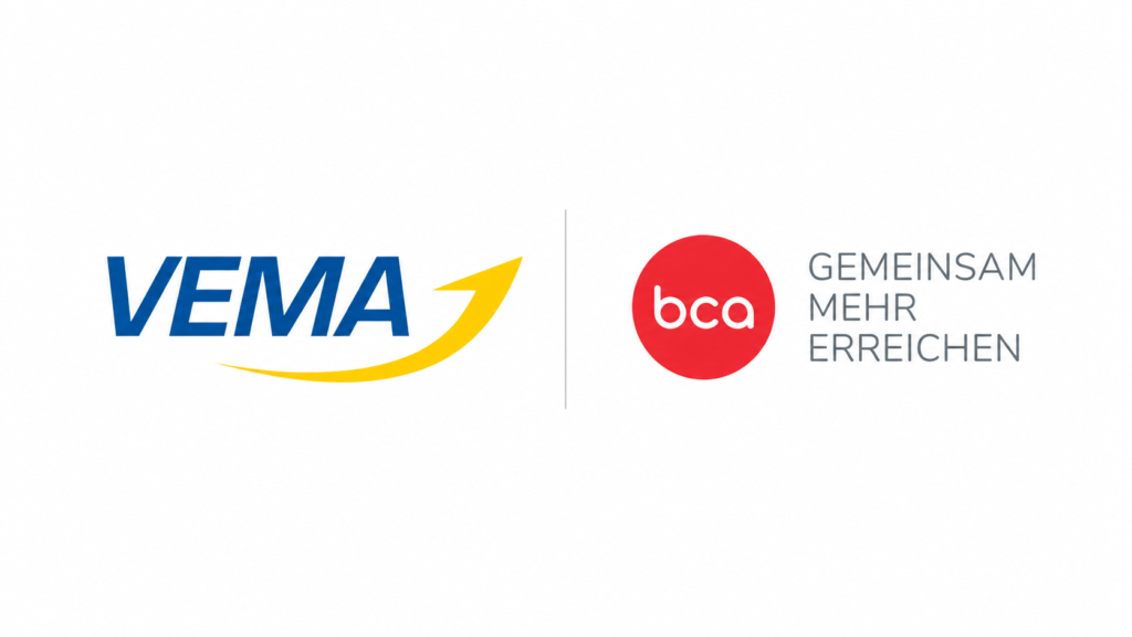 Grafische Darstellung der Logos von VEMA und BCA mit dem Claim Gemeinsam mehr erreichen.