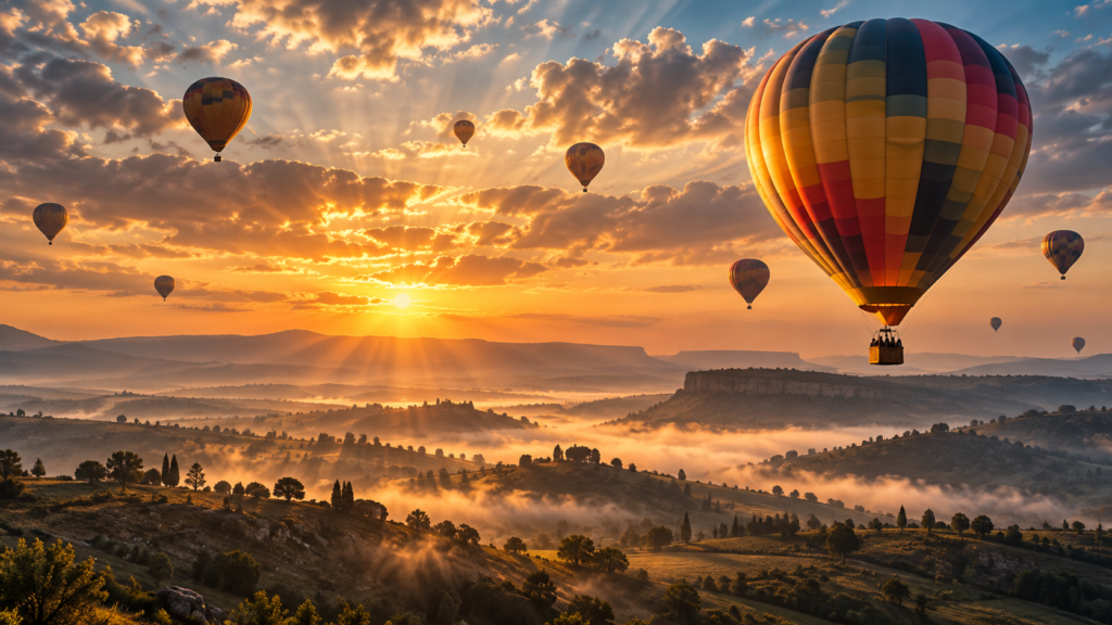 Bunte Heißluftballons schweben in der goldenen Abendsonne über eine neblige Hügellandschaft, wahrscheinlich in Kapadokien, Türkei.