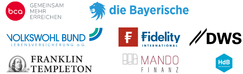 Logos verschiedener Finanzinstitute wie BCA, die Bayerische, Volkswohl Bund, DWS, Fidelity und Franklin Templeton. Darstellung der Kooperationspartner im Bereich Vermögensverwaltung.