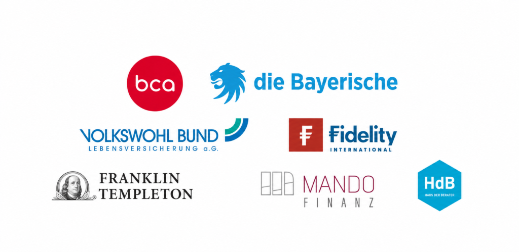 Verschiedene Logos von Banken und Finanzdienstleistern wie BCA, Fidelity und Volkswohl Bund auf weißem Hintergrund.